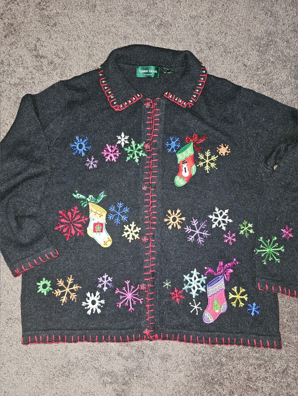 90s Lemon Grass Embroirdered Beaded Sequin Ugly Christmas Cardigan Sz L